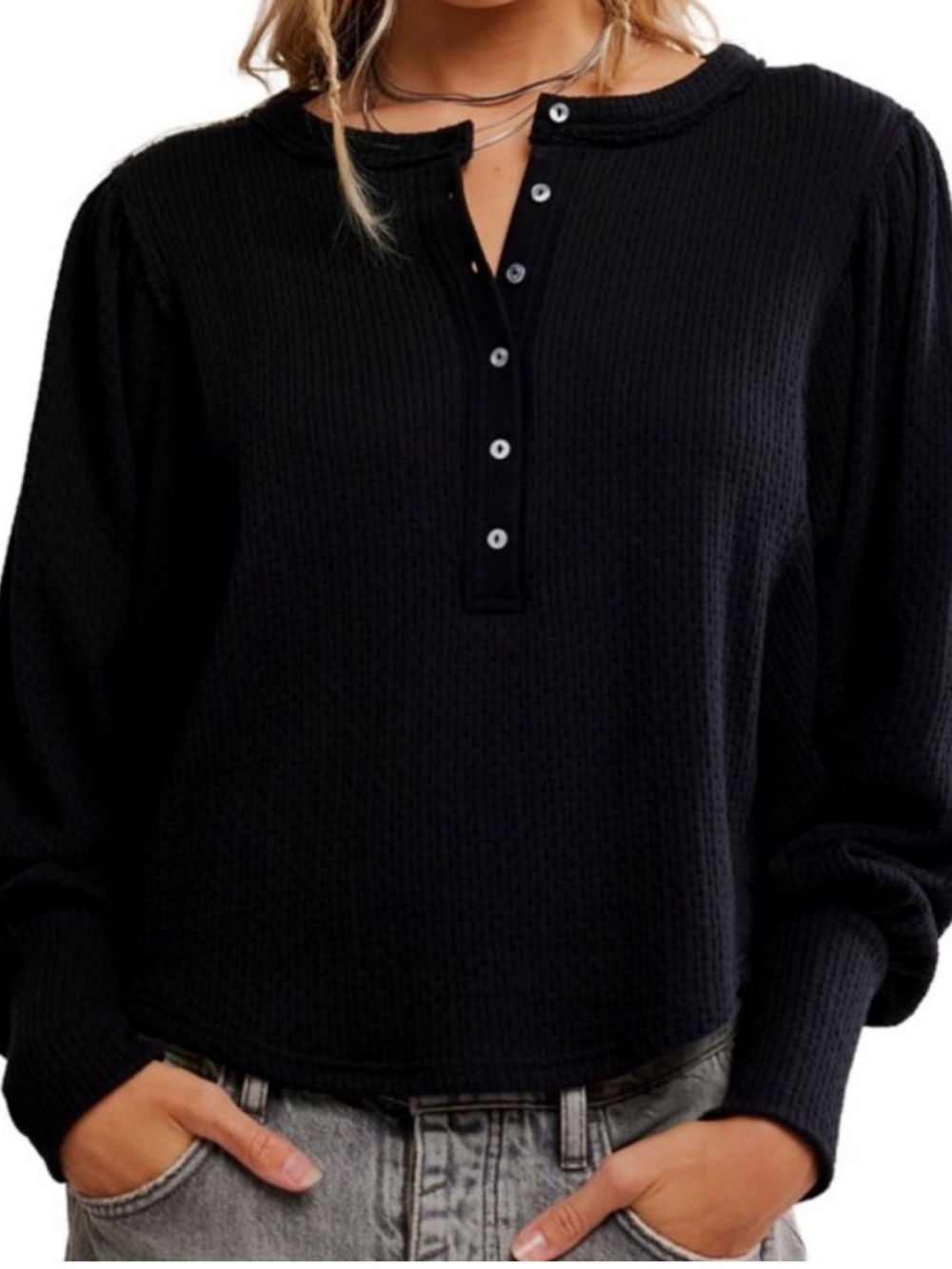 We the Free Quinn Knit Thermal - Black Waffle Knit Henley Top - Women